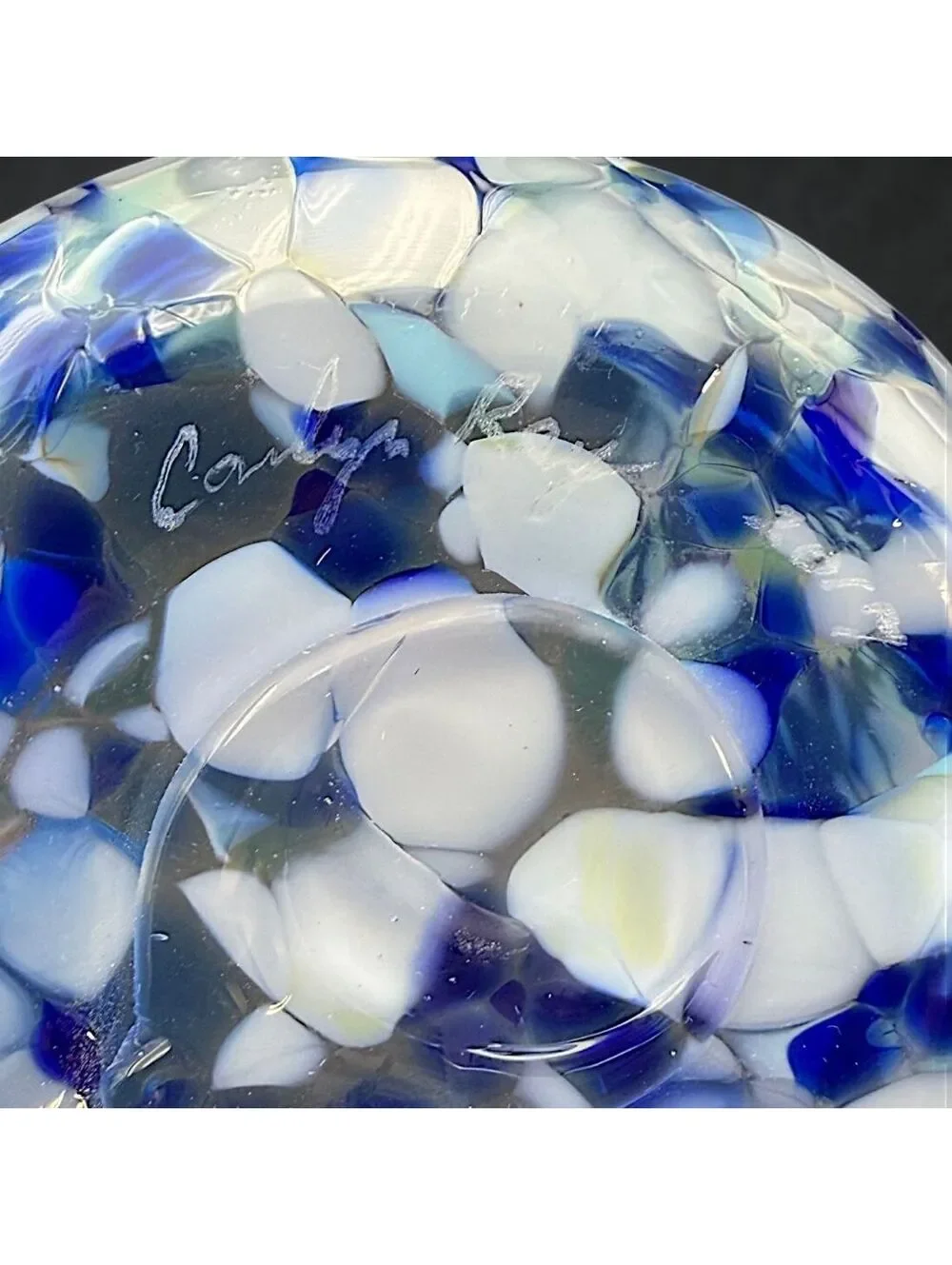 Vintage Signed Hand Blown Confetti Ruffled Art Glass Bowl Handkerchief Vase 4